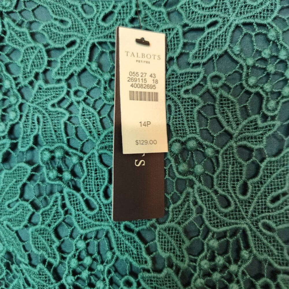 Talbots Cotton Lace Blouse Green 14P Lined NWT Hidden Side Zipper Blouse Top - Picture 8 of 16